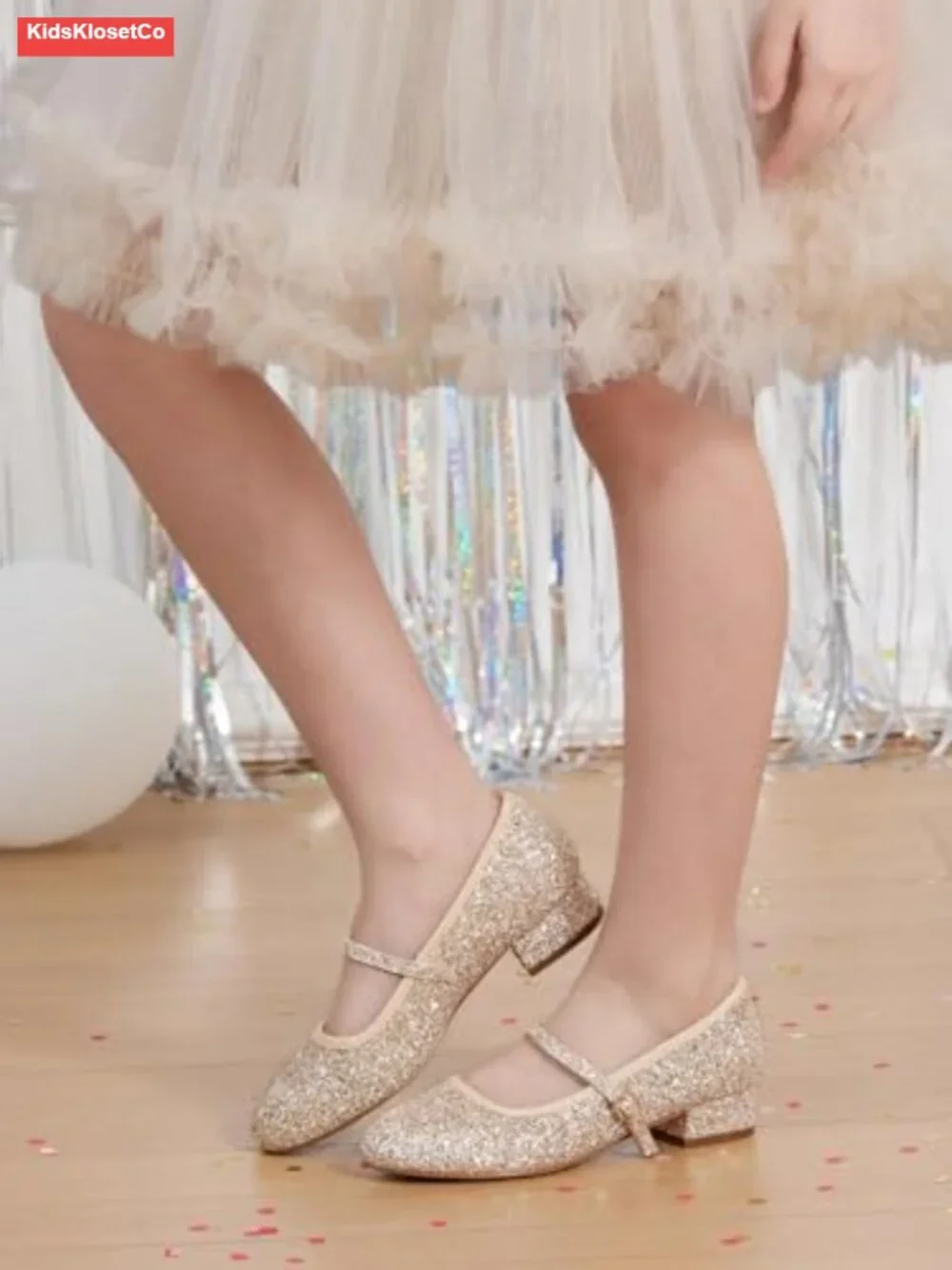 Girls Mary Jane Dress Shoes Low Chunky Heel Sequin Wedding Party Flats